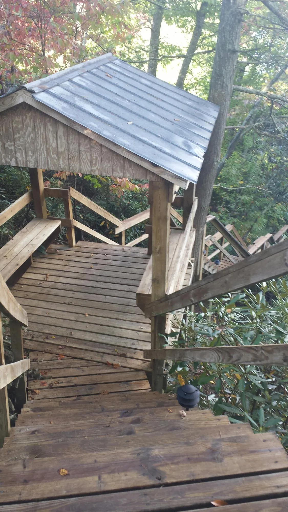 Metal roofed shelter over wooden steps on a wooded walkway — Skylight Repair & Installation work by our crew in Belle Glade
